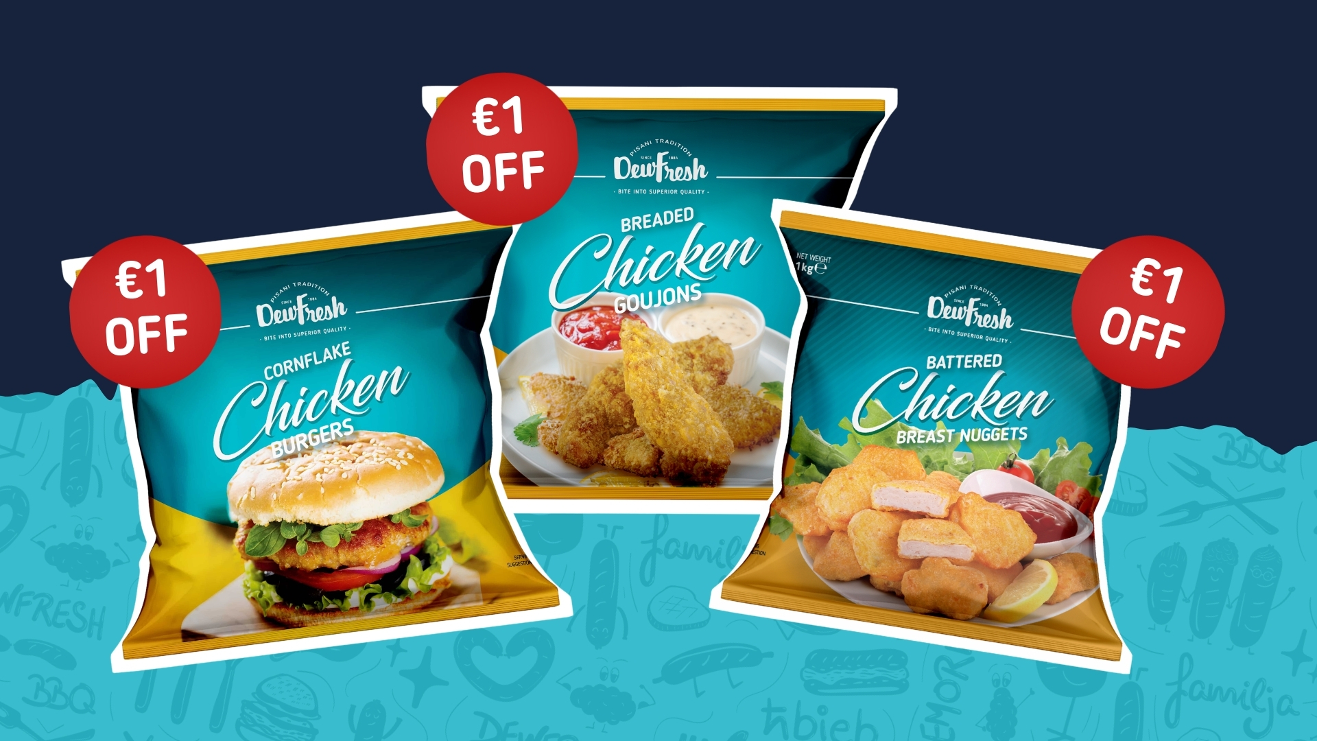 dewfresh, dewfresh coated chicken, coated chicken, chicken, chicken nuggets, chicken goujons, chicken burger, cornflake chicken burger, breaded chicken, battered chicken, southern fried chicken, promotion, offer, cornflake chicken, chicken malta, dewfresh malta, meat supplier malta, poultry supplier malta